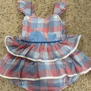 Red & Blue Plaid Whale Appliqué Baby One-Piece